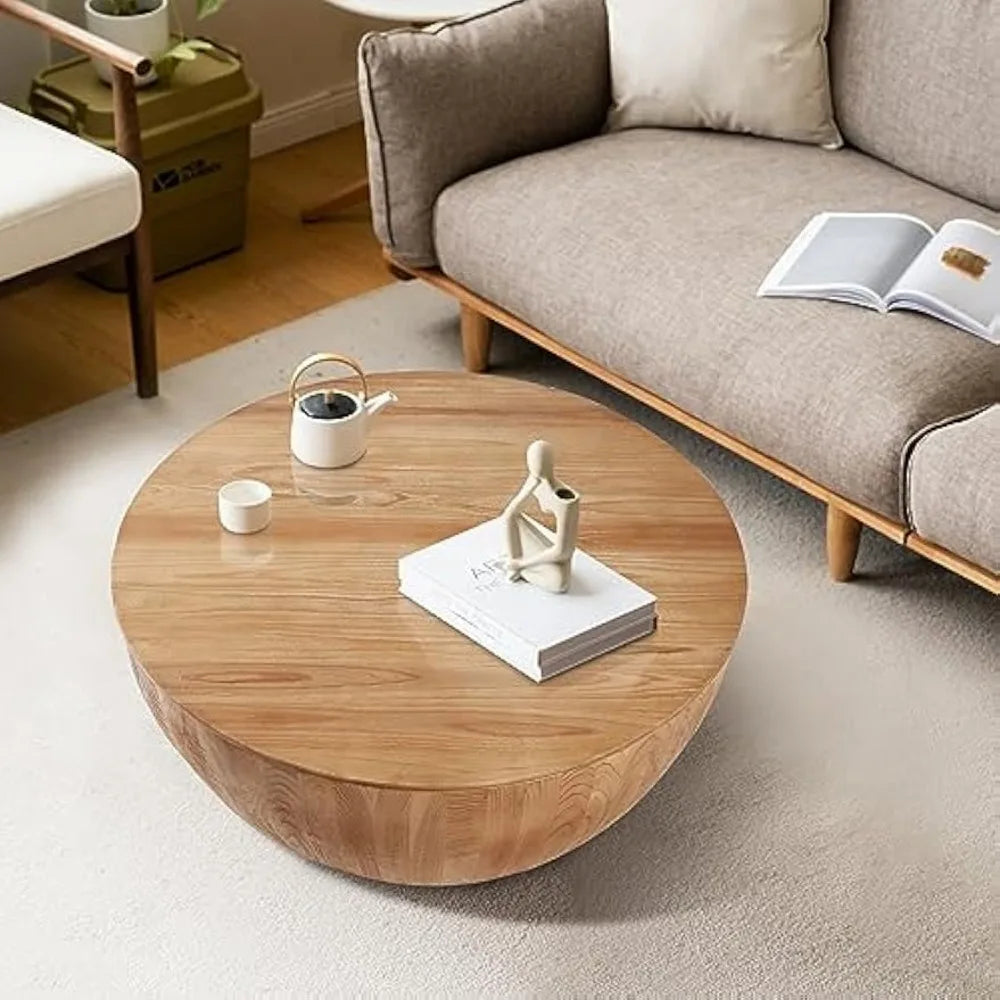 35.43" Round Coffee Table with Storage, Retro Wood Coffee Tables for Living Room, Wood Look Side Table End Table Accent Furnitur