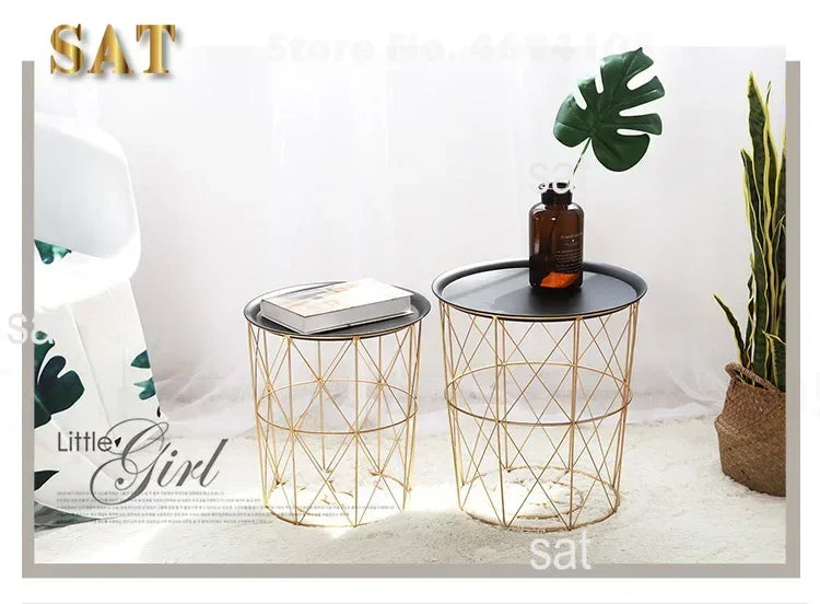-New Nordic Golden Iron Metal Coffee Table Dirty Storage Basket Tea Fruit Snack Service Plate Tray Bed Living Room Sofa Side