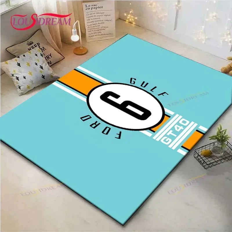 Gulf Racing Digital Print Area Rug - Anti-Skid Racing Stripe Design