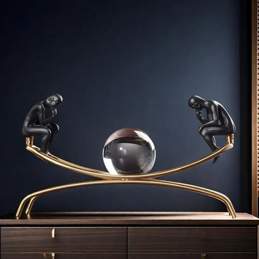 The Thinker Statue with Crystal Ball - Figurine Sculpture | Home Office Decor