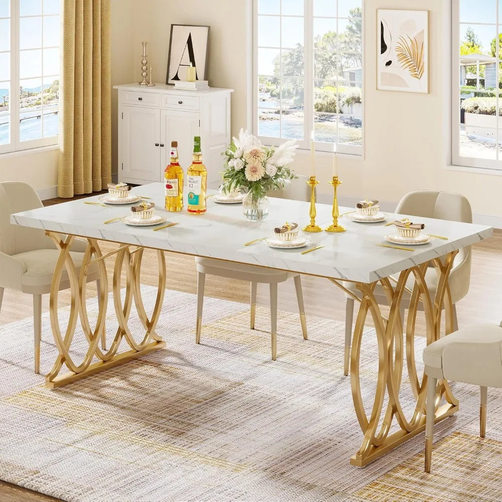 63" Dining Table Set, for 4-6 People, with Faux Marble Tabletop and Geometric Legs, Unique Rectangular Dinner Tables