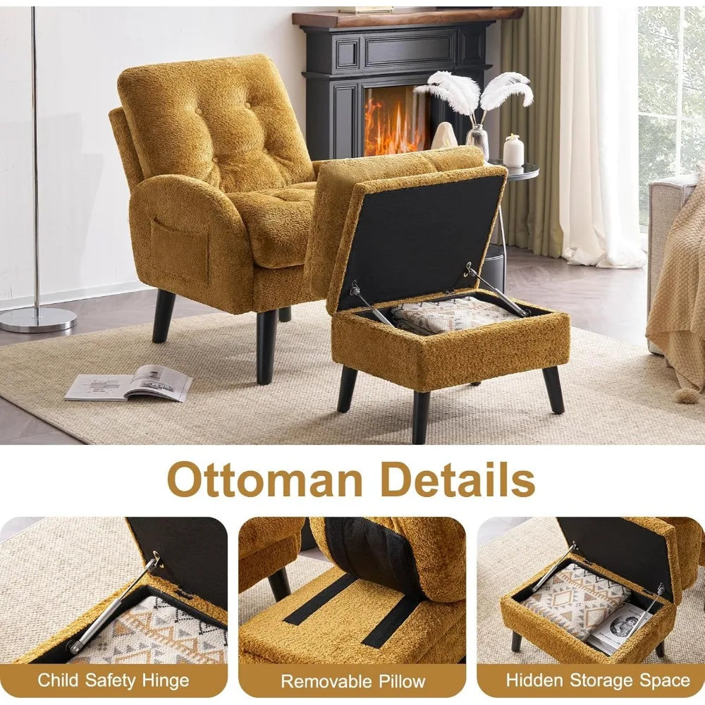 Mustard Yellow Chenille Accent Chair with Ottoman - Reclining Armchair
