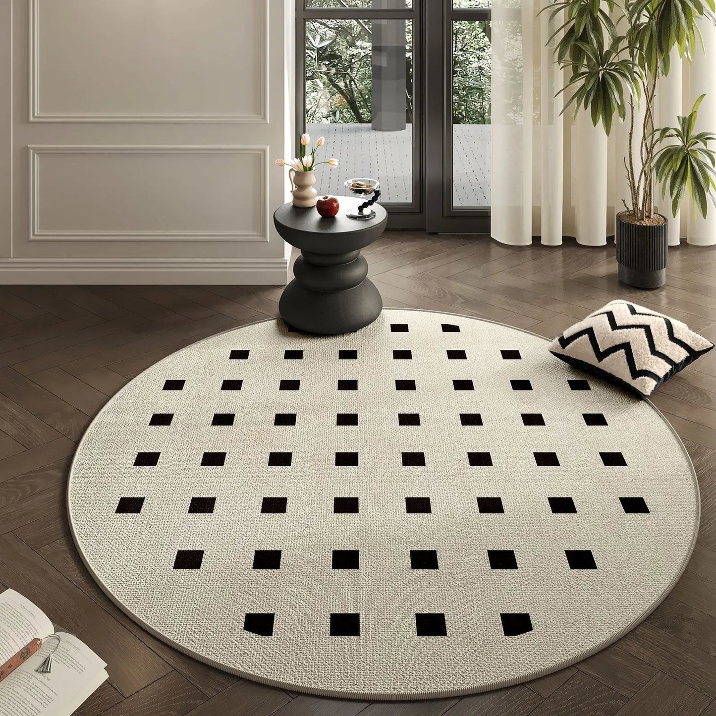 Minimalist Round Rug - Modern Geometric Black Border Carpet