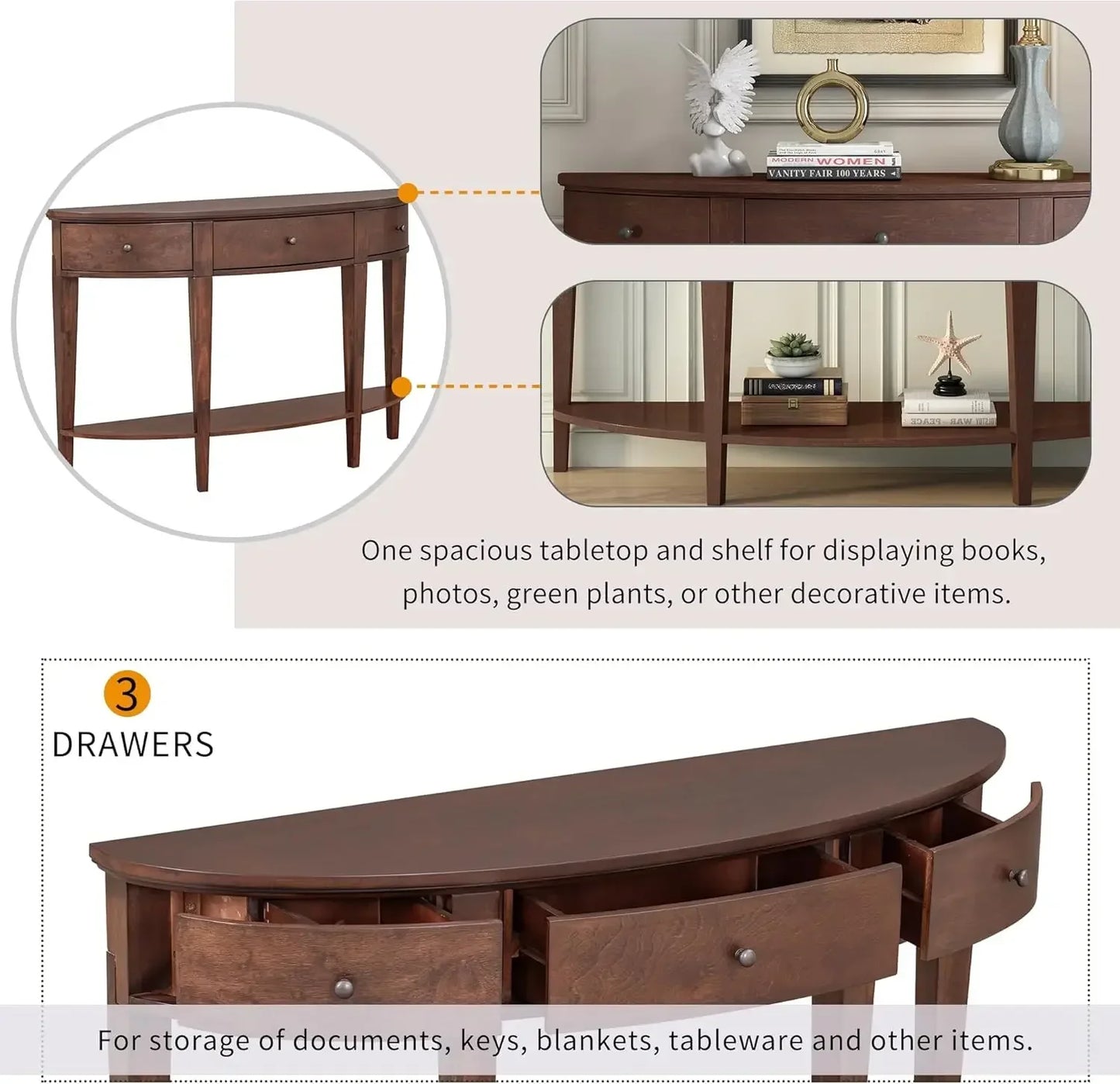 Curved Design Console Table Sofa Table with Sturdy Solid Wood Frame, 3 Storage Drawers and Bottom Shelf for Hallway Entryway
