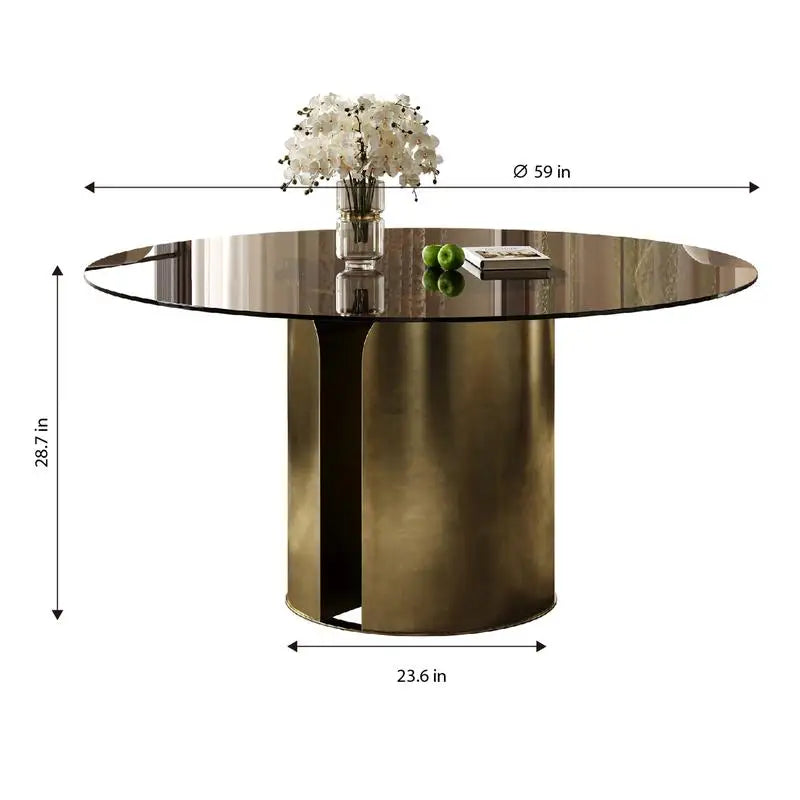 59" Round Dining Table, Dark Brown Glass Top, Antique Copper Steel Leg Base, Ideal for Family Kitchen or Living Room