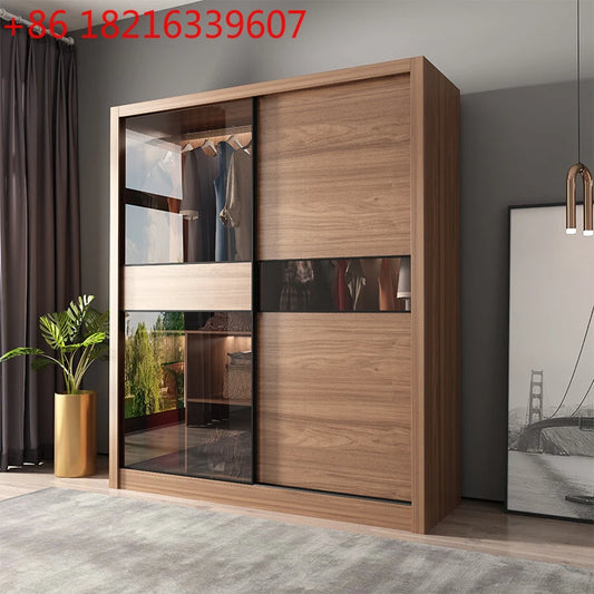 Nordic Wardrobe Bedroom Simple Glass Sliding Door Walnut Color Cabinet Sliding Door Wardrobe