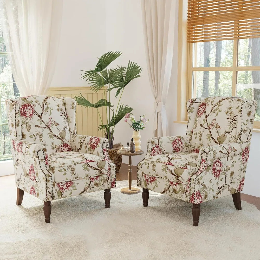 Wingback Accent Chair, 2 Set High Back Floral Armchairs in Fabric, Comfy Upholstered Reading Single Sofa Chairs with Solid Wood