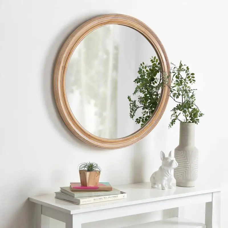Round Wood Framed Wall Mirror with Ribbed Detail, 23.62" Natural Circle Mirror for Bathroom, Bedroom, Entryway, Coastal &