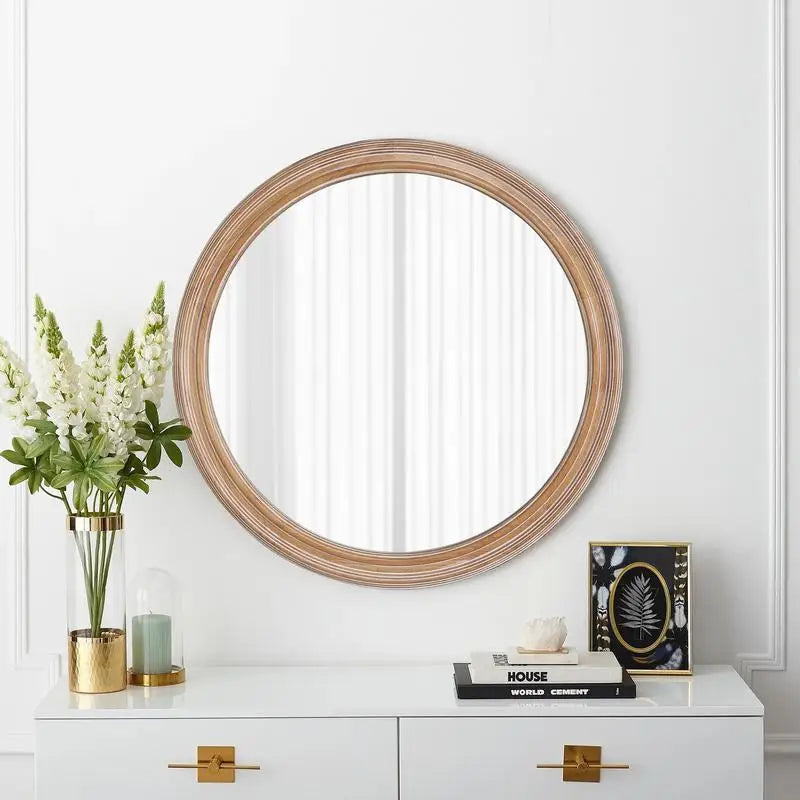 Round Wood Framed Wall Mirror with Ribbed Detail, 23.62" Natural Circle Mirror for Bathroom, Bedroom, Entryway, Coastal &