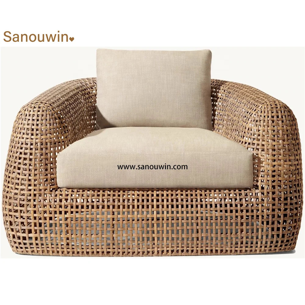 Hot Sales Modern PE Rattan Single Sofa Set High-End Outdoor Furniture With Natural Wood Look Wicker Teak Fabric Materials For D