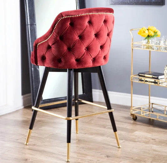 Luxury Modern Nordic Style Burgundy Tufted Curved High Back Bar Stool Velvet Upholstery Bar Chair for Home Hotel