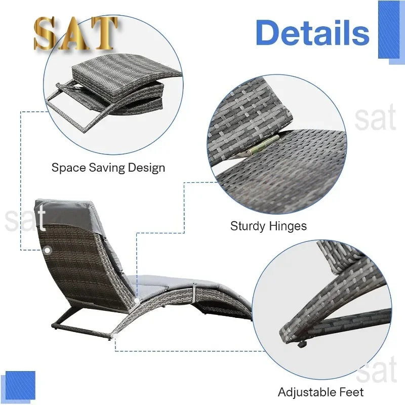 t Patio Chaise Lounge, Outdoor Lounge Chair, PE Rattan Foldable Chaise Lounger with Removable Dark Gray Cushion, Suitable