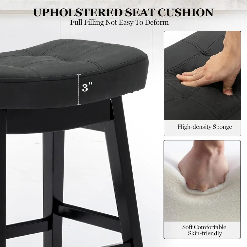Counter Height Bar Stools Set of 3, Barstools with Upholstered Leather Saddle Seat and Solid Wood Legs 24 Inch Kitchen