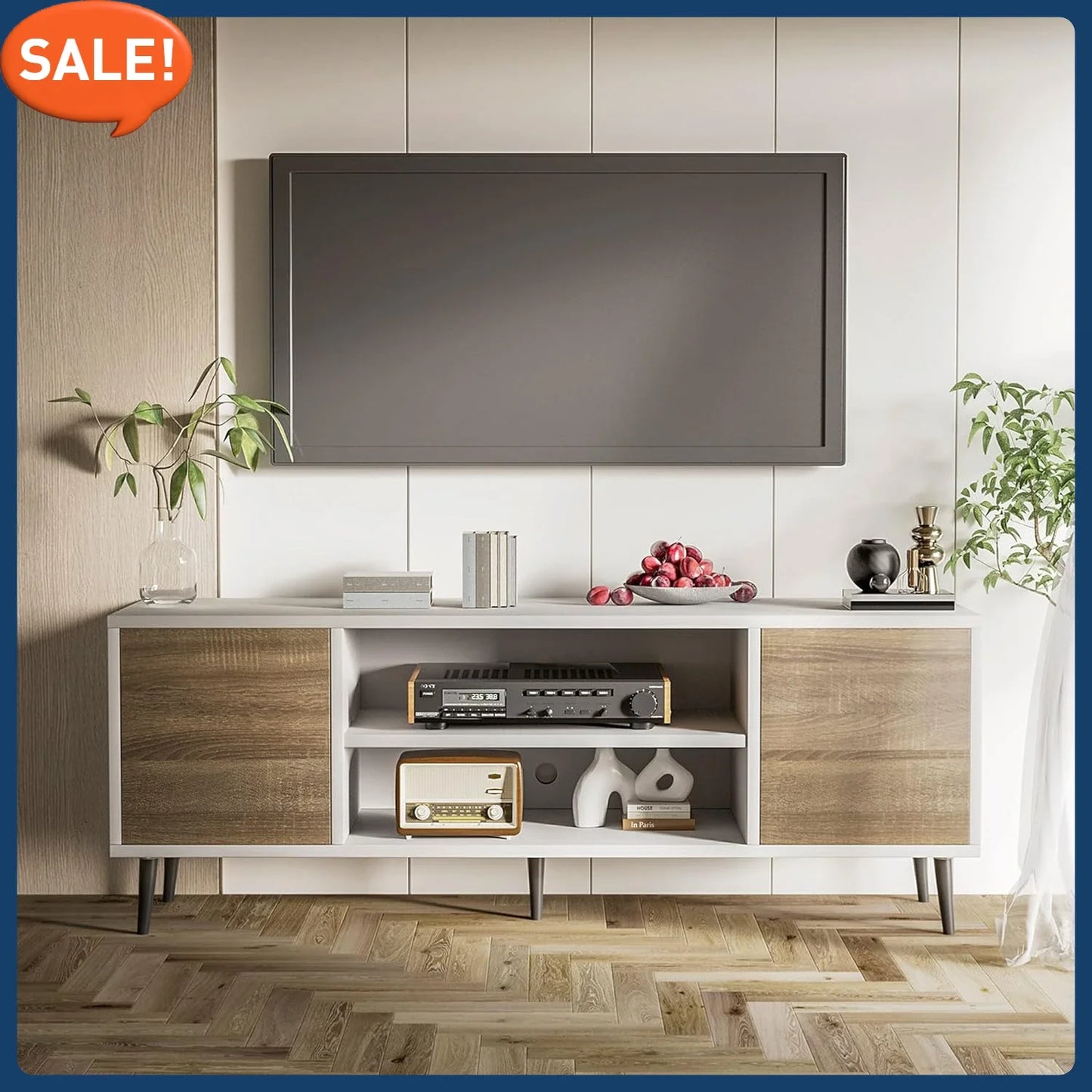TV Stand for 65 Inch TV, Modern Entertainment Center with Storage Cabinet and Open Shelves