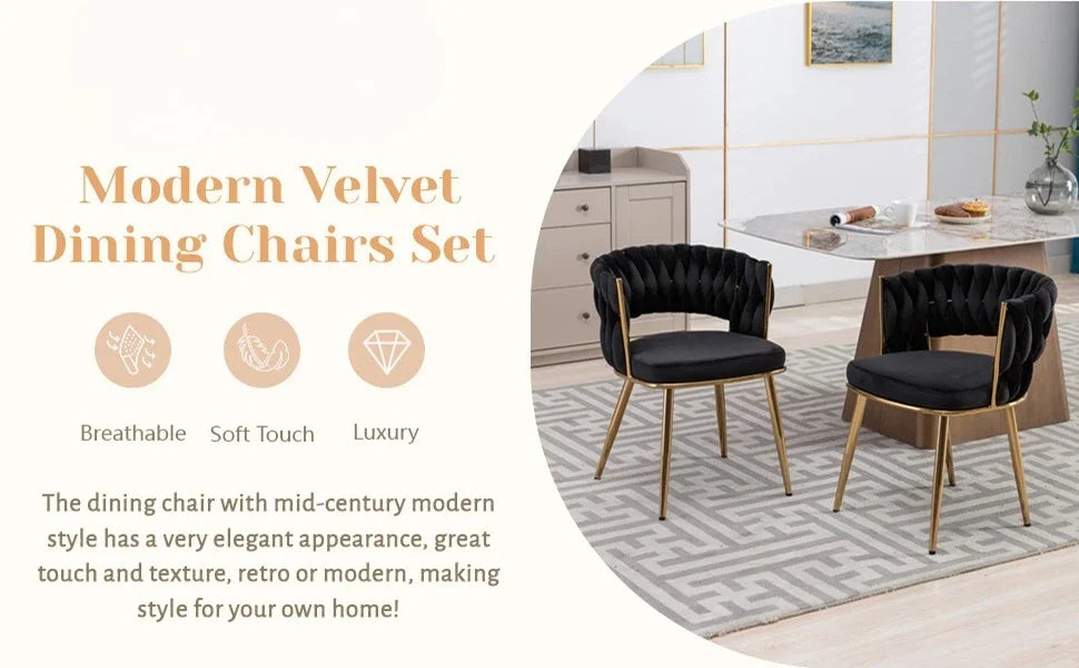 Velvet Dining Chair Set of 4, Gold Modern Dining Chairs with Metal Legs, Woven Upholstered Dining Chairs