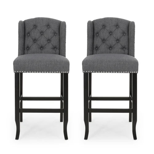 Tufted Wingback Bar Stools Set of 2 - 31 Inch Counter Height Chairs in Charcoal Fabric