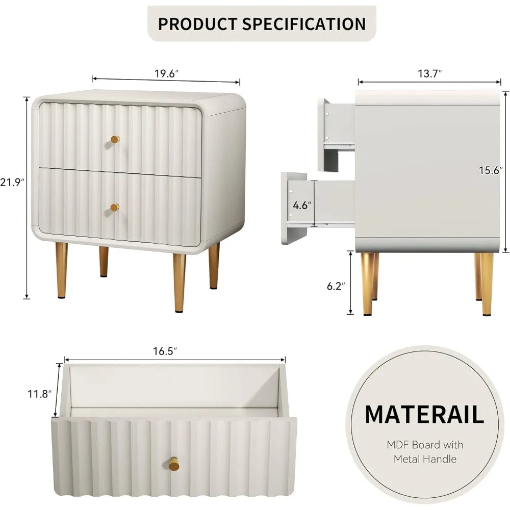 Modern Nightstand Set of 2, Fluted Bed Side Table with 2 Drawers Storage, Wood End Table with Gold Metal Handle, White Night St