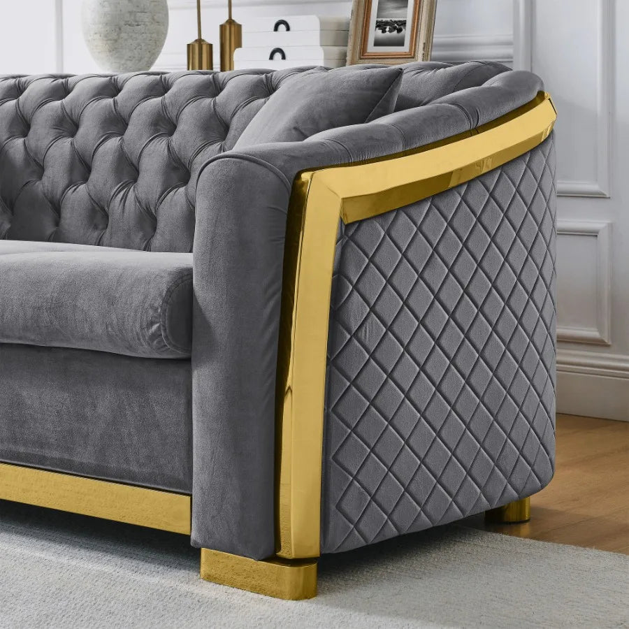 Velvet Luxury Chesterfield Sofa Set 84 Inches Tufted 3 Seat Couch with Gold Stainless for Living Room Grey Fabric