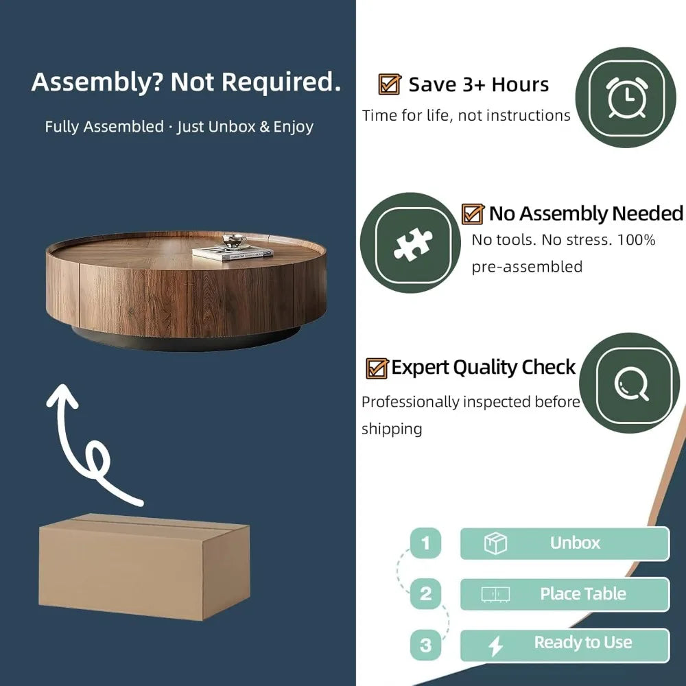 Solid Wood Coffee Table with Hidden Drawer, Fully Assembled Square Center Table for Living Room, Raised Edge Design