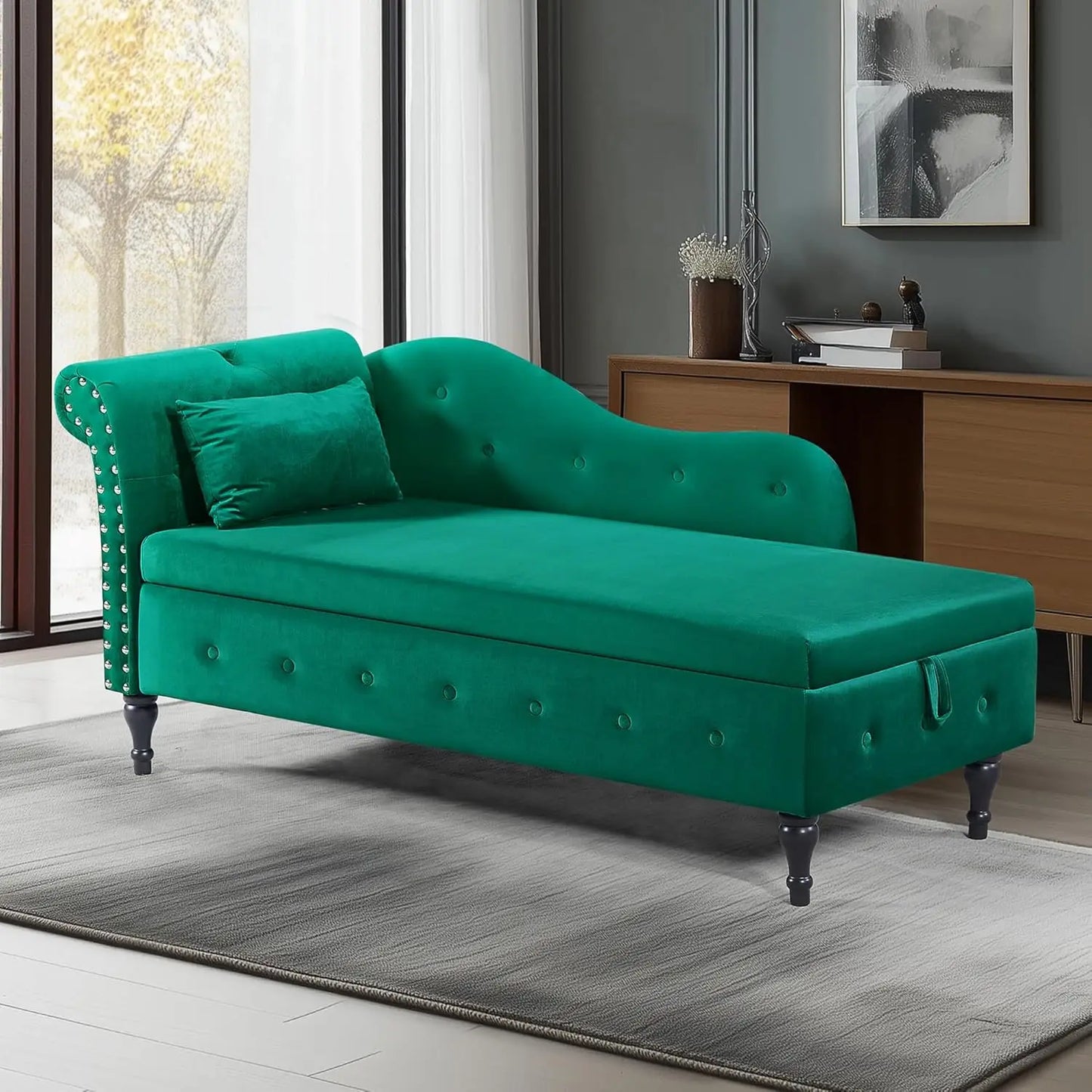 Modern Velvet Upholstered Chaise Lounge Indoor Button Tufted Chaise Lounge Chair with Solid Wood Legs Single Sleeper Sofa