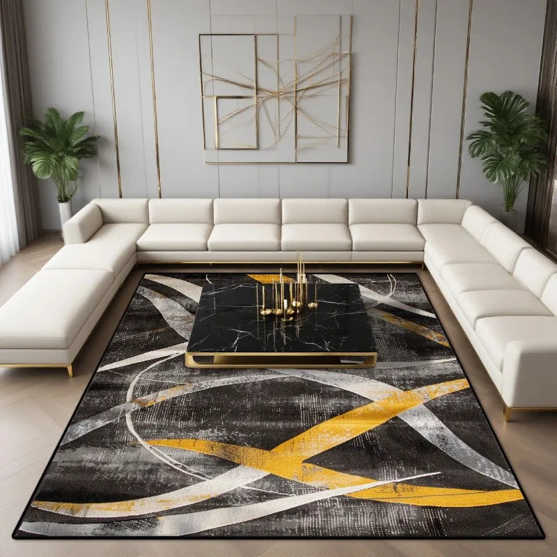 Black and Gold Abstract Geometric Area Rug - Modern Design
