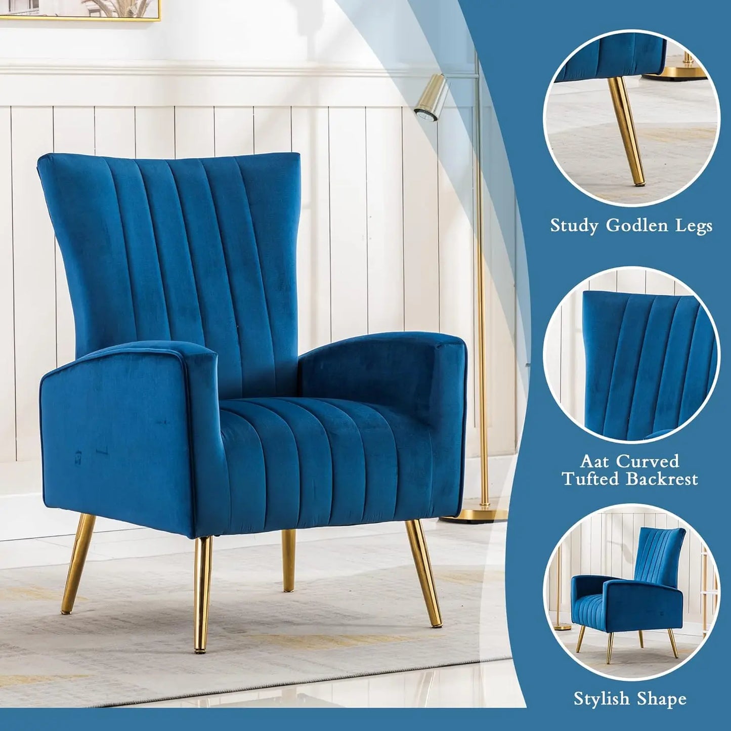 Velvet Accent Chairs Set of 2, Modern Navy Blue Fabric Armchairs with Wing Back and Metal Legs