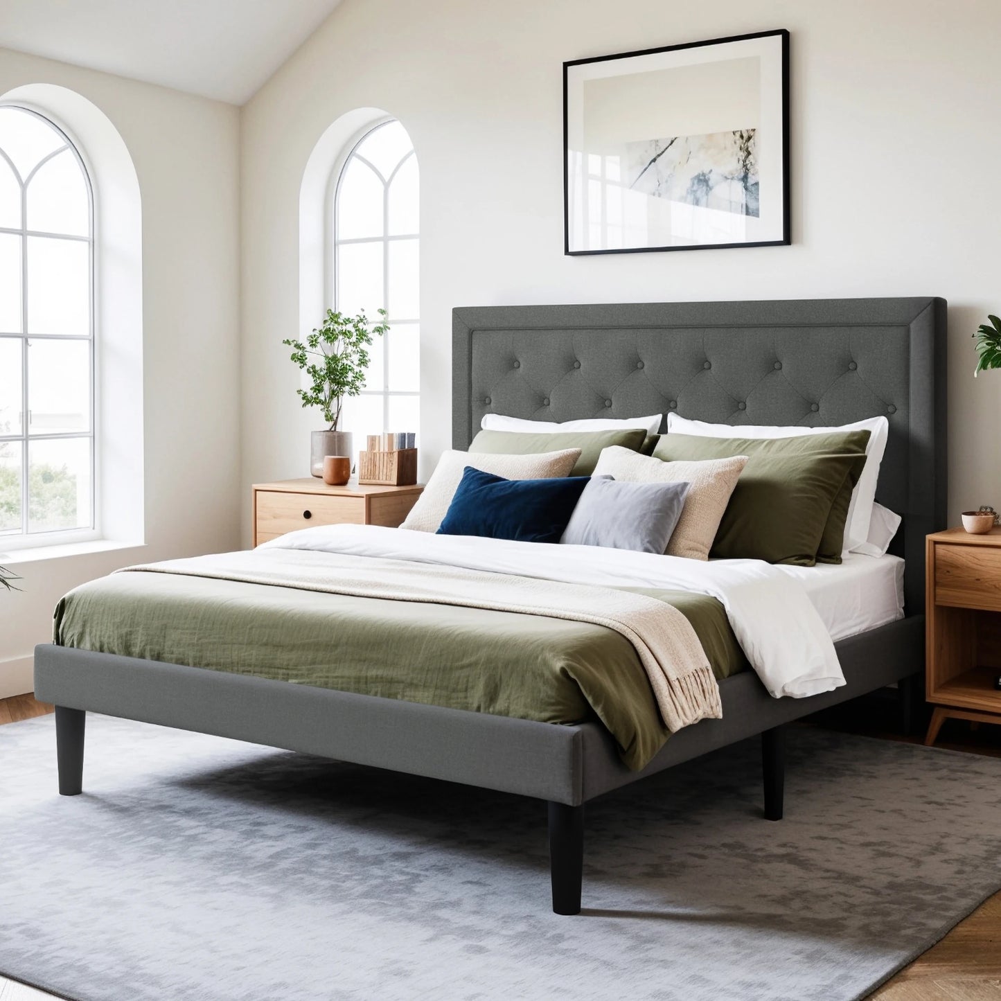 Queen Size Upholstered Platform Bed Frame with Button Tufted Linen Headboard