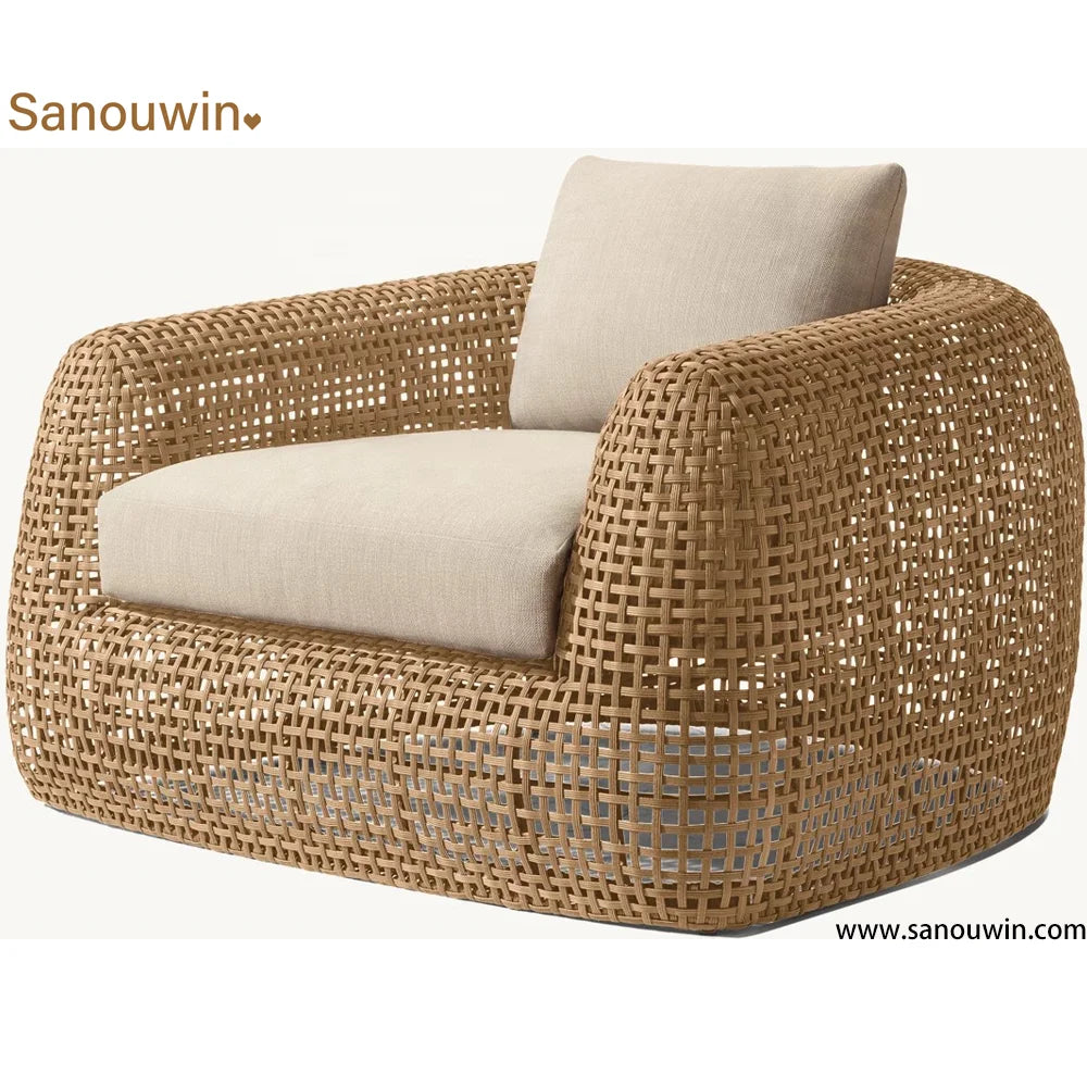 Hot Sales Modern PE Rattan Single Sofa Set High-End Outdoor Furniture With Natural Wood Look Wicker Teak Fabric Materials For D