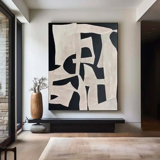 Beige Wabi Sabi Wall Art, Black And Beige Abstract Painting -Minimalist Canvas Large Neutral Rich Textured Living Room Decor