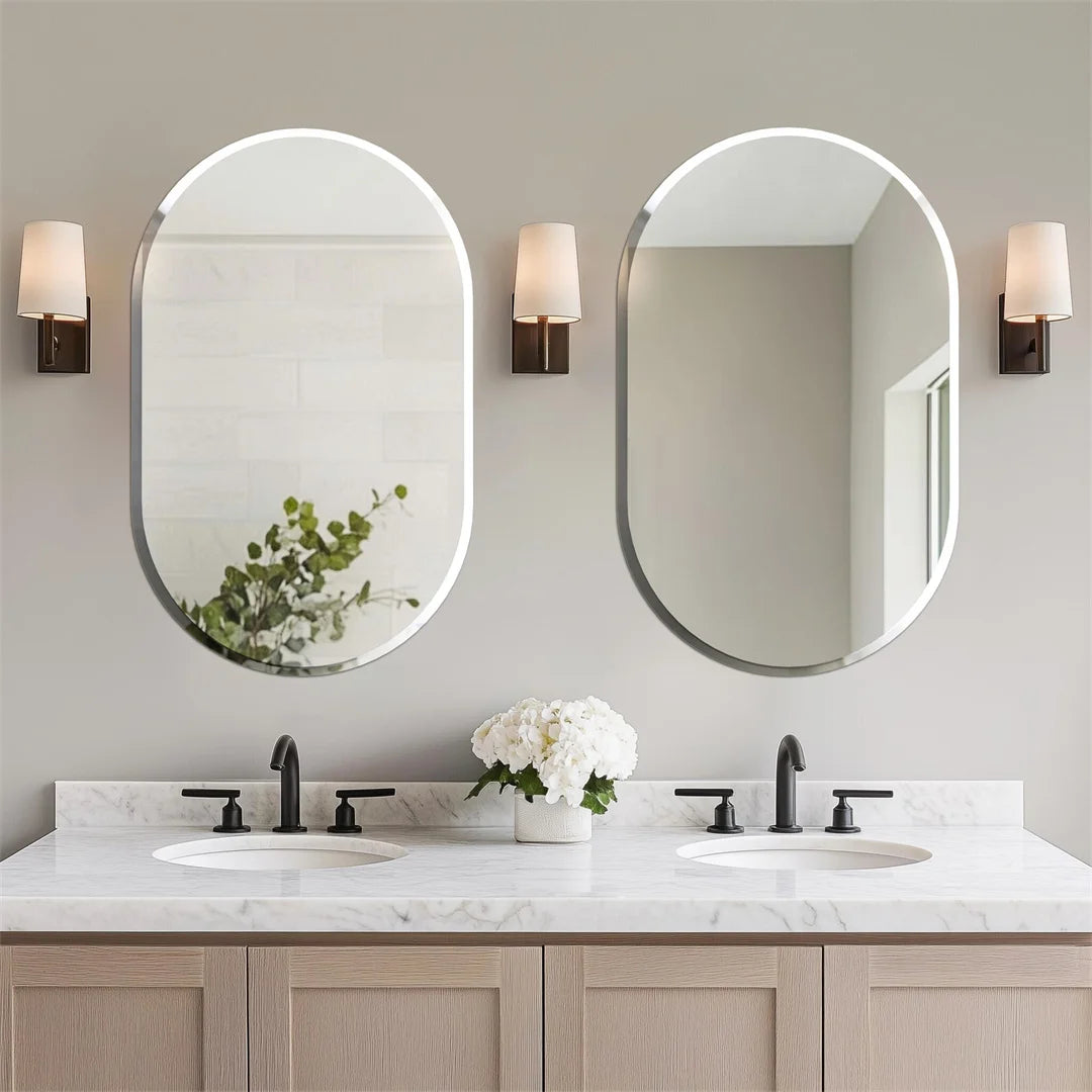 Frameless Long Oval Bathroom Vanity Mirror Silver Glass Wall Decor Mirror with Beveled Edge for Bathroom Entryway