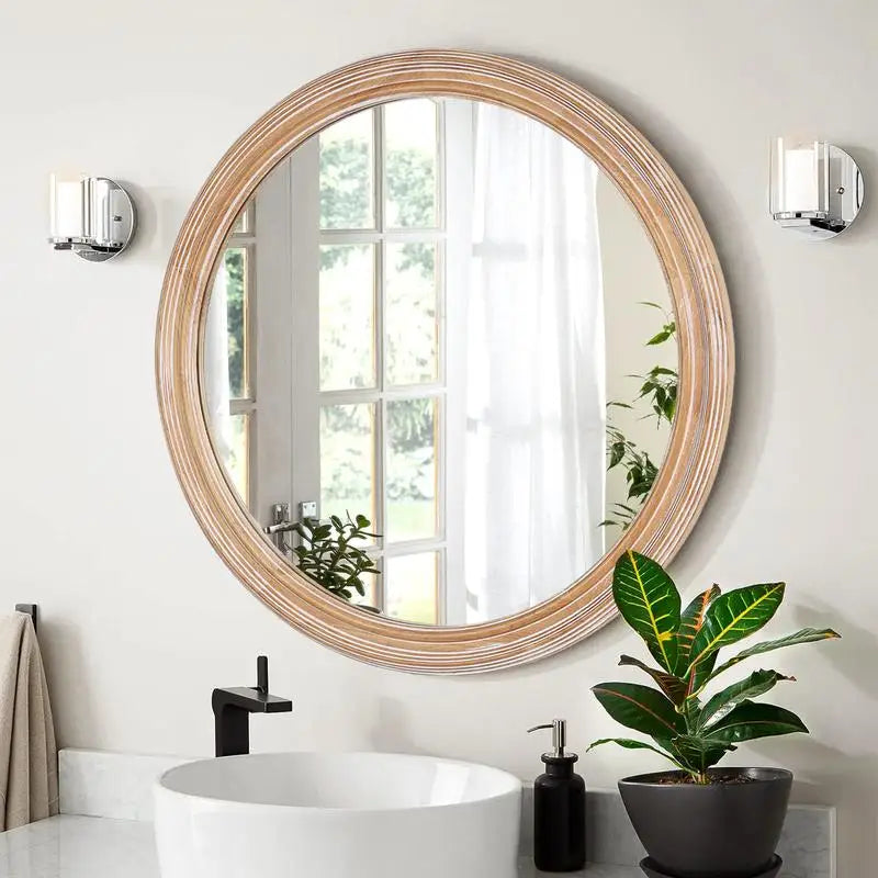 Round Wood Framed Wall Mirror with Ribbed Detail, 23.62" Natural Circle Mirror for Bathroom, Bedroom, Entryway, Coastal &