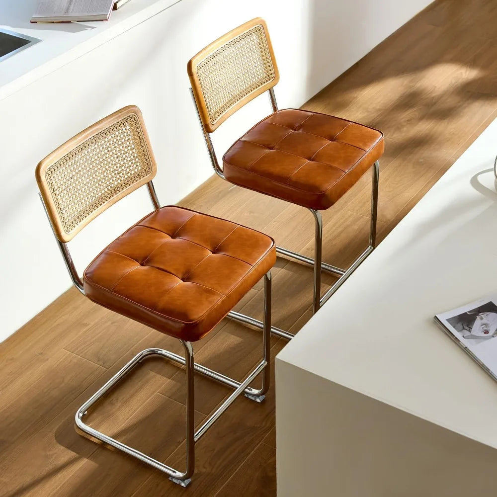 Natural Rattan Bar Stools Set of 2 - 24 Inch Counter Height with Solid Wood Backrest and Brown Faux Leather Seat