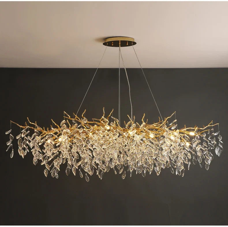 Crystal Chandelier: Luxury Gold Leaf Design LED Pendant Light for Dining & Living Room