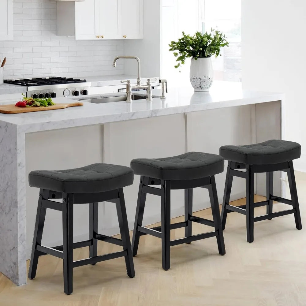 Counter Height Bar Stools Set of 3, Barstools with Upholstered Leather Saddle Seat and Solid Wood Legs 24 Inch Kitchen