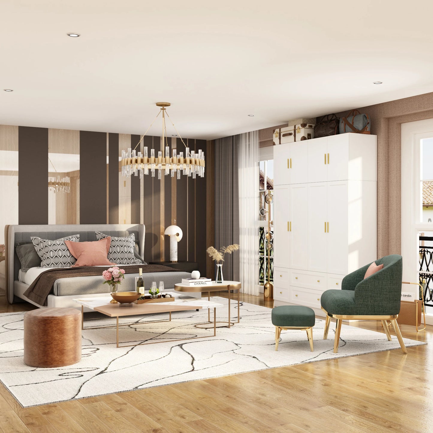 White Armoire with Shelves & 6 Drawers, Wardrobe Cabinet with Hanging Rod