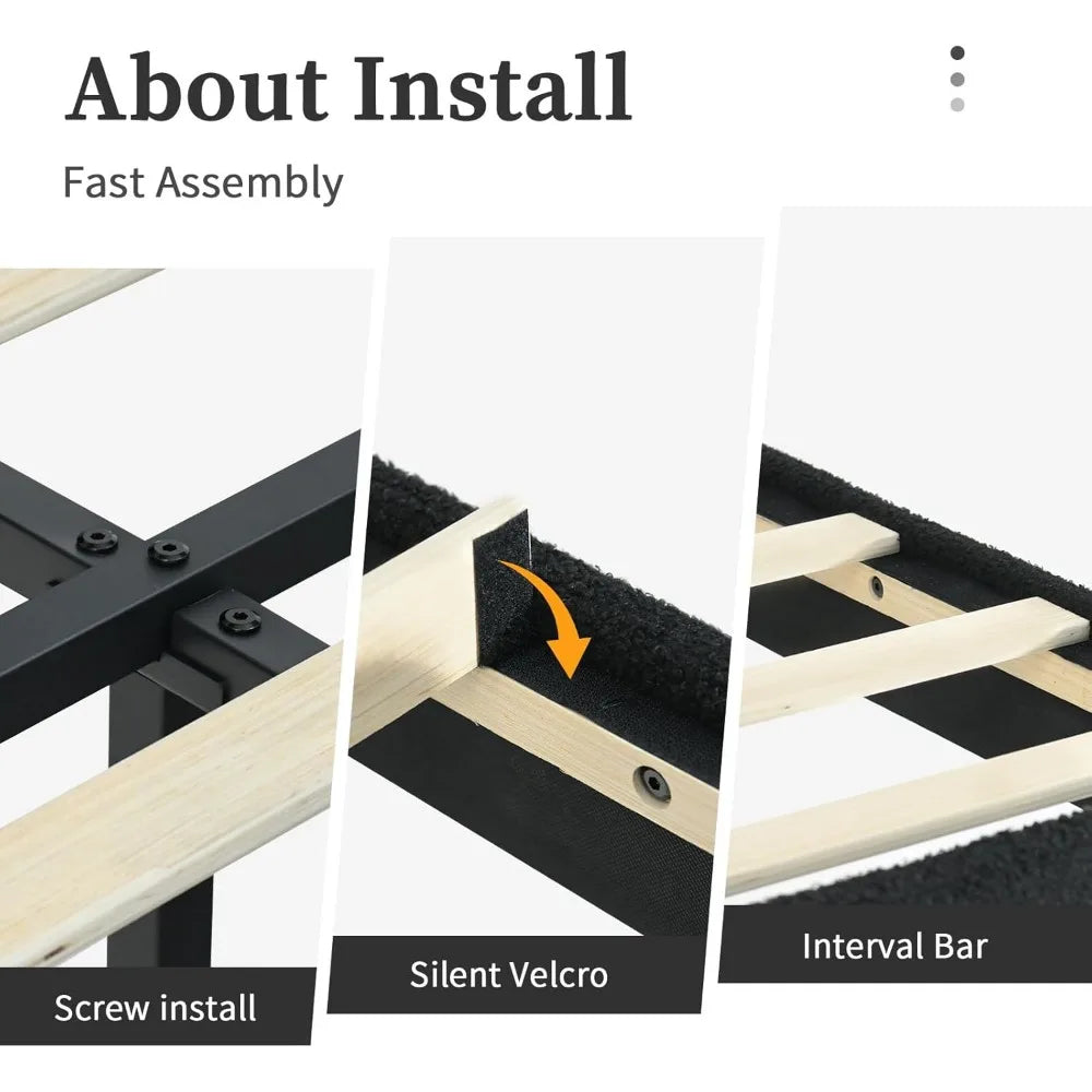 Twin Bed Frame with Upholstered Headboard and Platform Design