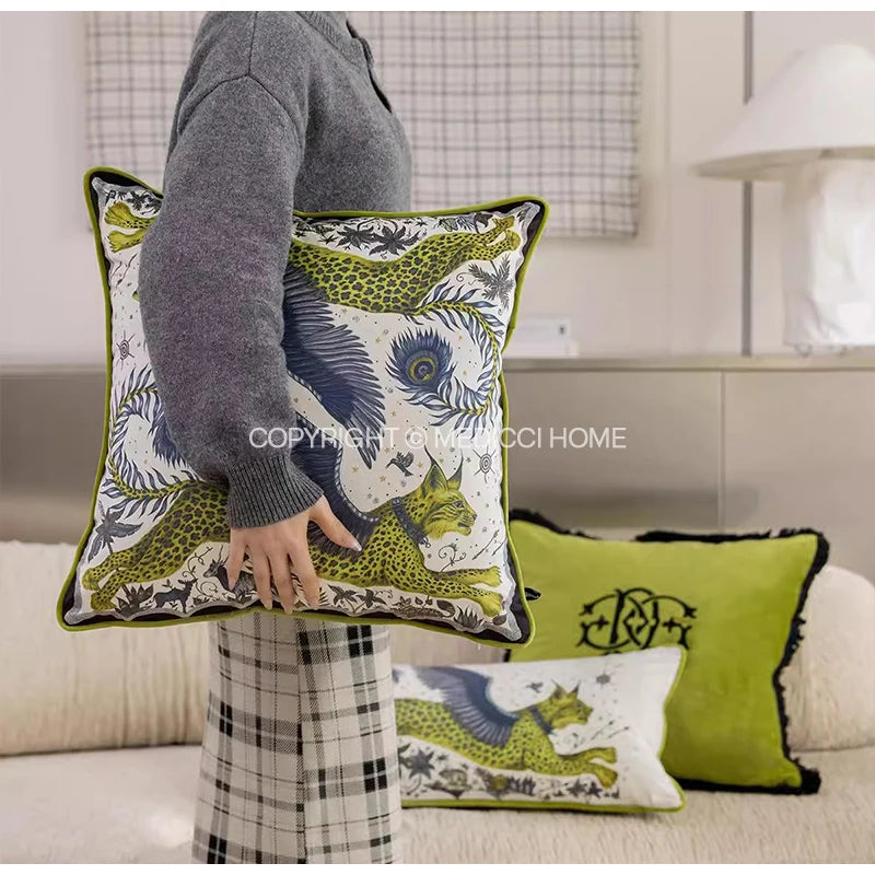 Medicci Home Luxury Monogrammed Lumbar Cushion Cover Green Brush Fringe Monogram Accent Throw Pillow Case Personalized Gifts