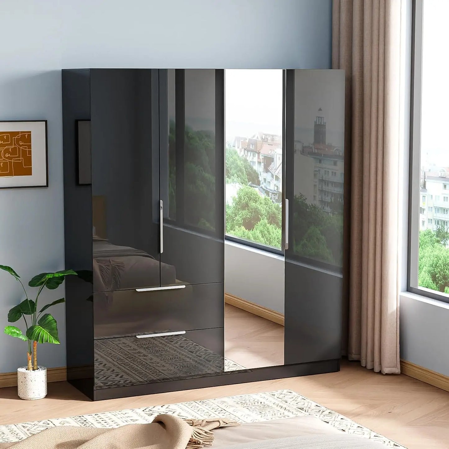 4 Door Wardrobe Closet with Mirror Doors and Drawers