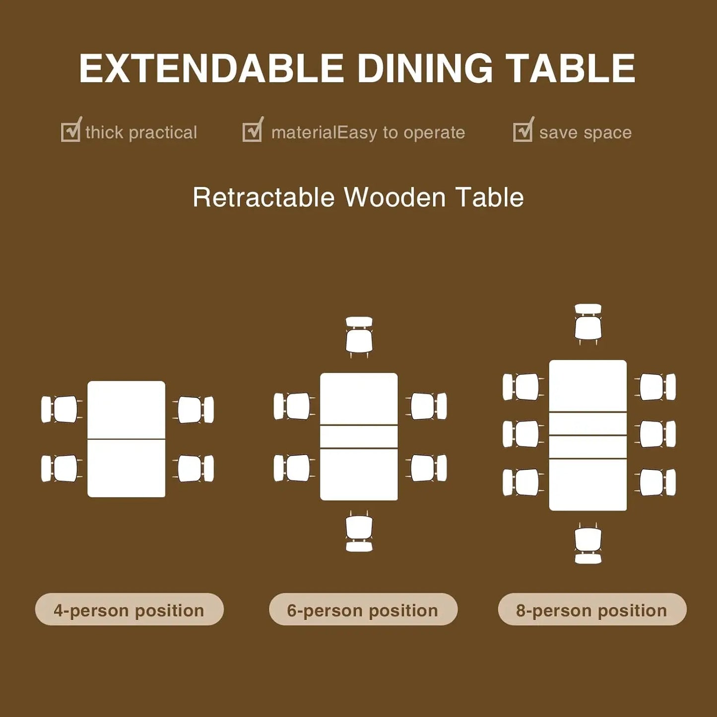 Vabches Extendable Dining Table for 6-8 Seater Wooden Kitchen Table Modern Rectangle Dinner Table Space Saver for Dining Room