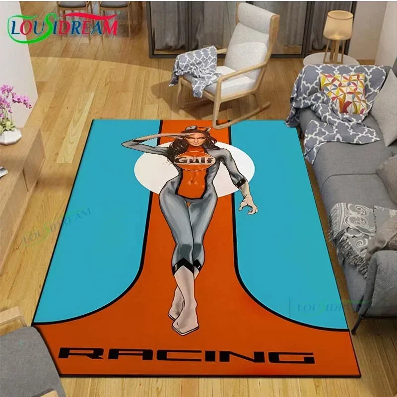 Gulf Racing Digital Print Area Rug - Anti-Skid Racing Stripe Design