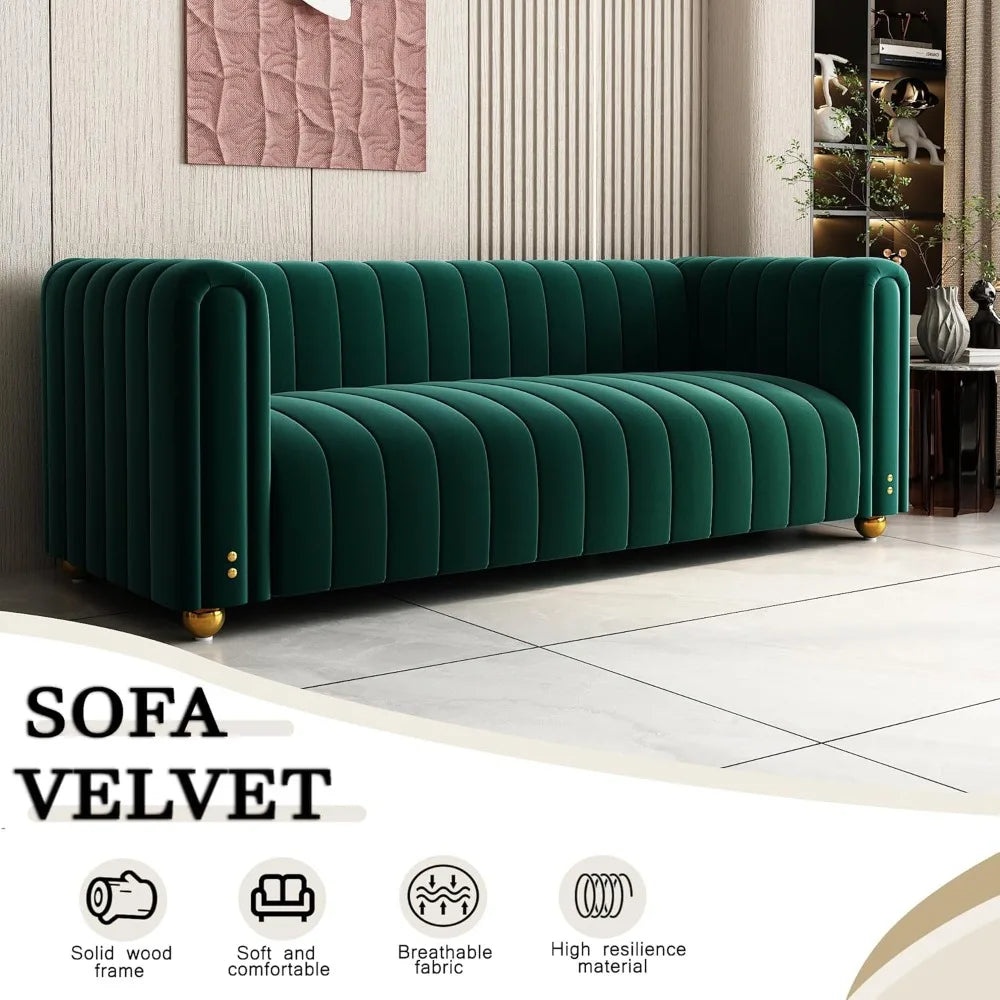 Velvet Sofa 81": Channel Tufted 3-Seat with Gold Legs for Living Room