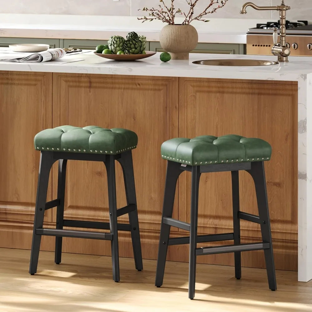 2-piece bar stool set, saddle high bar stool, 26 inch backless wooden leg kitchen stool, thickened PU leather