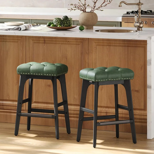 2-piece bar stool set, saddle high bar stool, 26 inch backless wooden leg kitchen stool, thickened PU leather