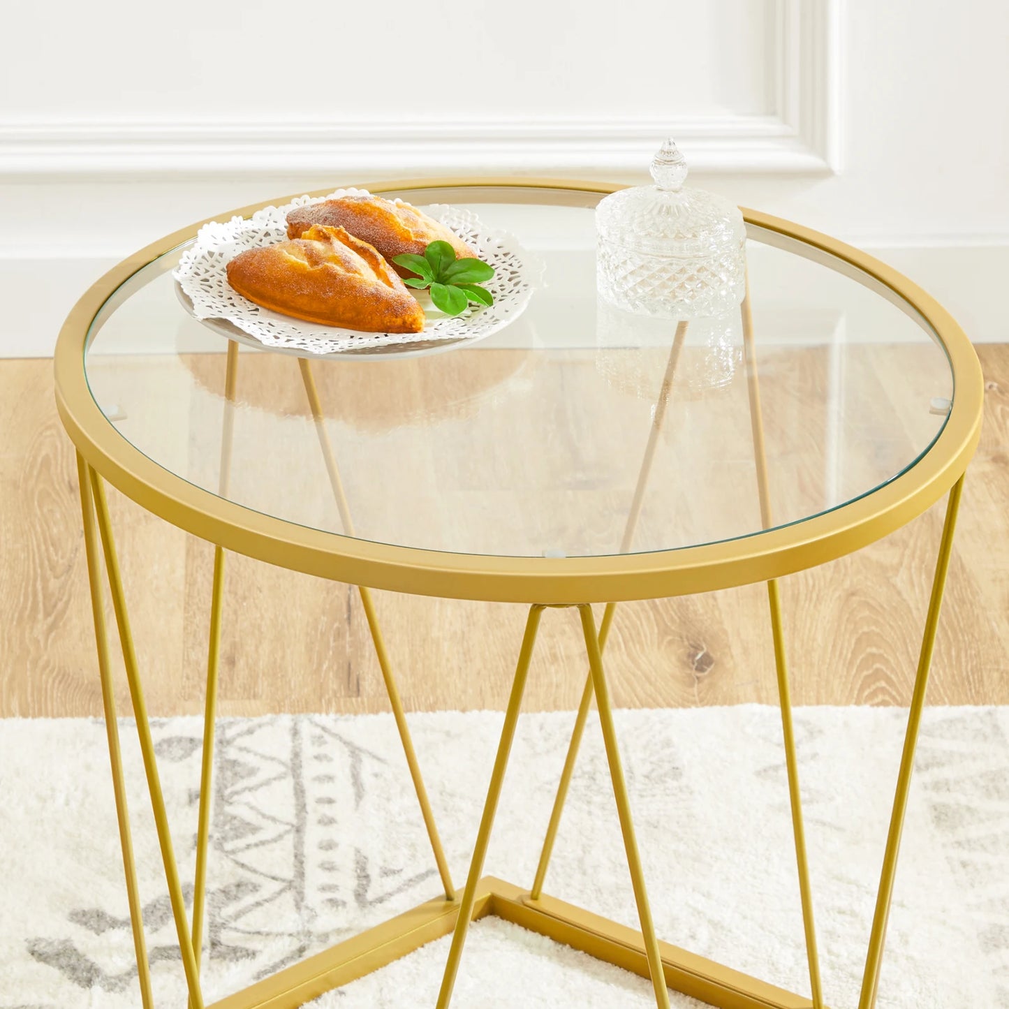 HOOBRO Coffee Table Set of 2 Round Coffee End Table with Metal Frame Glass Top Gold Side Table for Living Room and Balcony