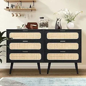 QHITTY Drawer Dresser Set of 2, Rattan Chest of Drawers with 3 Drawers Dresser, Accent Storage Cabinet Modern Bedside Table for