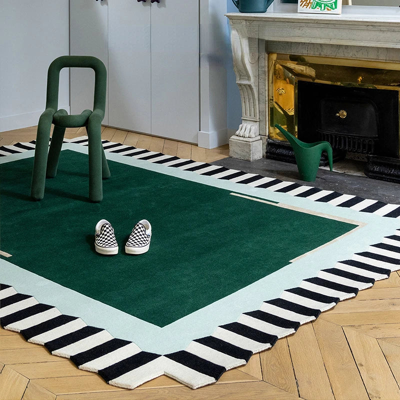 Geometric Colour Block Area Rug - Black and White Striped Border - Multiple Colours