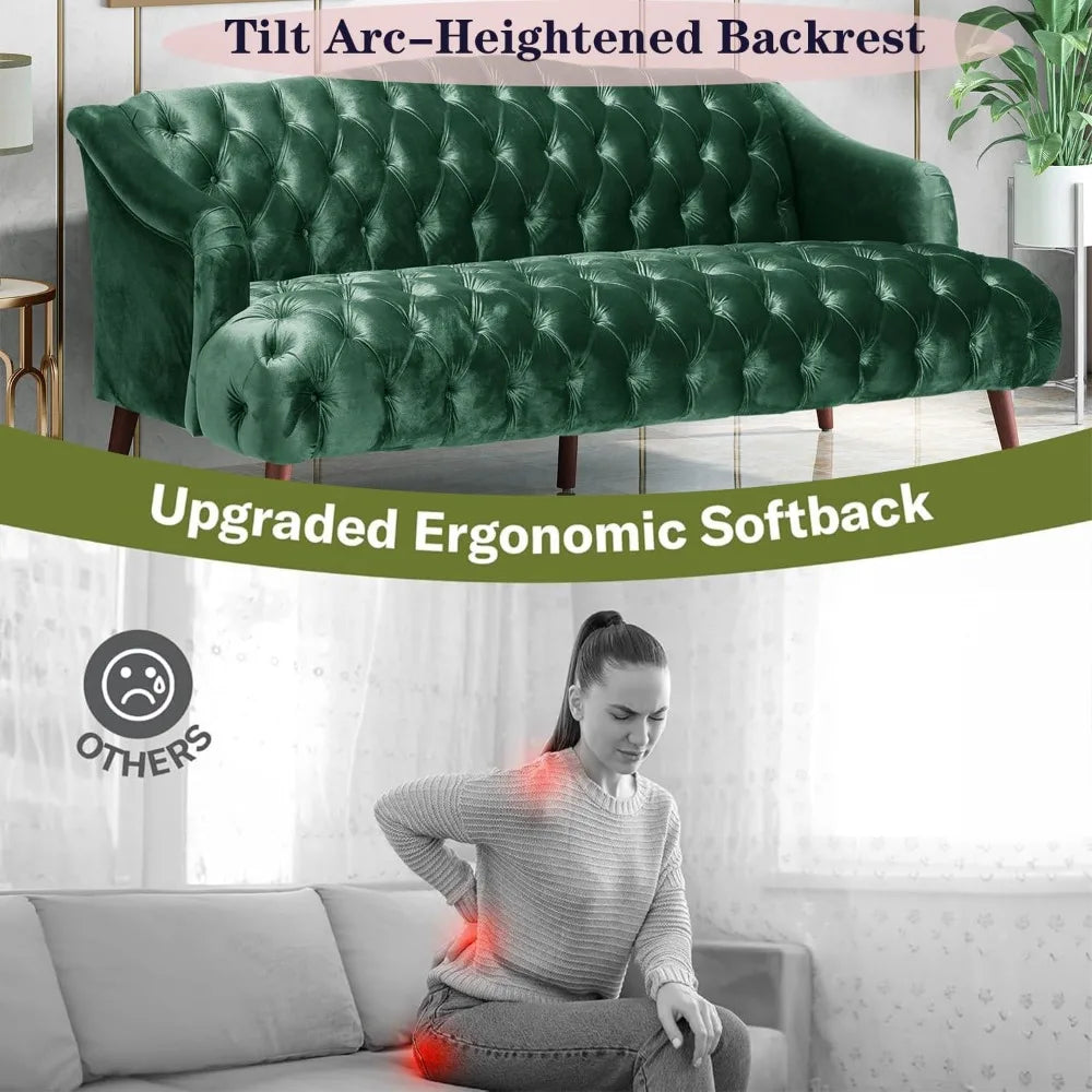 Modern Emerald Velvet Loveseat Sofa with Tufted Curved Back, Comfy Upholstered 2-Seater Sofa with Brown Birch Legs