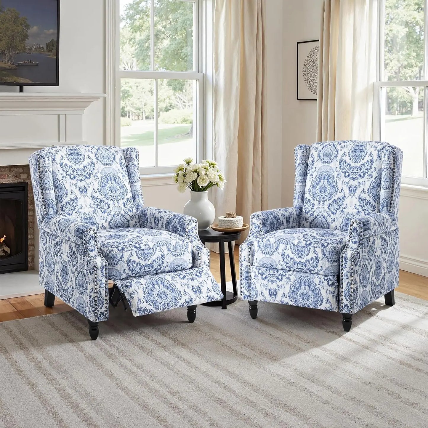 Pushback Recliner Chair, Floral Fabric Wingback Recliner Chair, Upholstered Armchair Push Back Recliner, Rivet Trim S