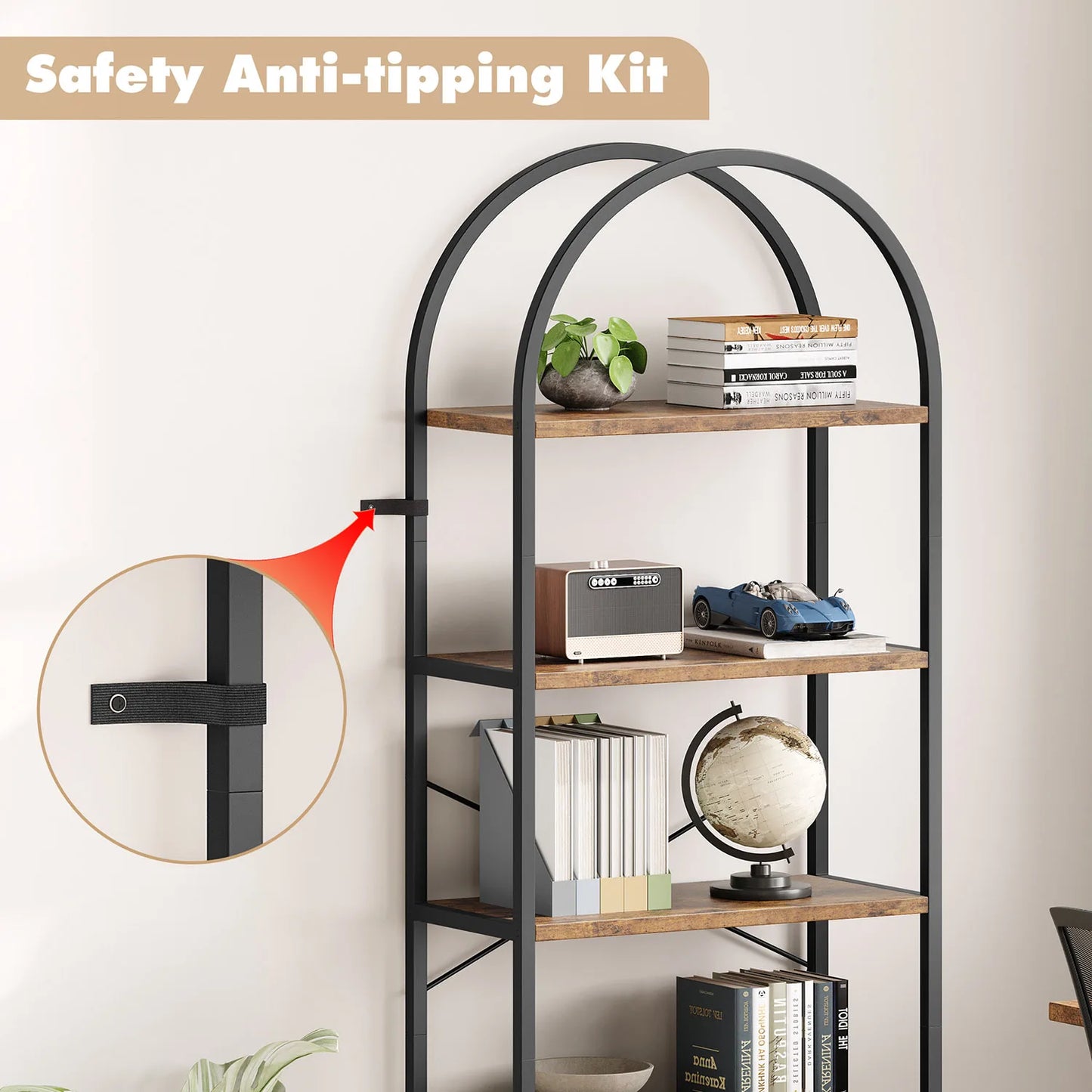 5-Tier Arched Bookshelf - Industrial Freestanding Display Rack, 180cm