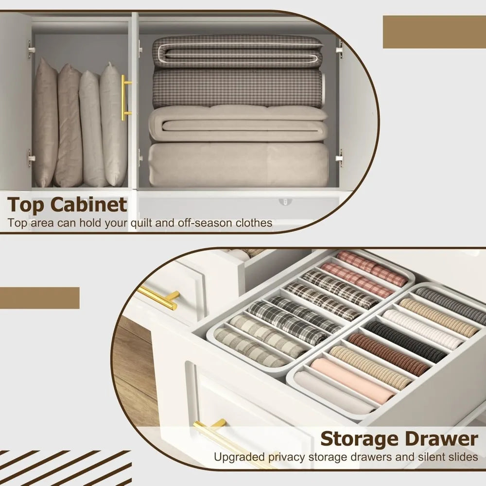 Large Armoire Wardrobe Closet Cabinet with Drawers and LED Lights, Multi-Tier Shelves, Hanging Rod, Large Capacity Storage 3 Doo